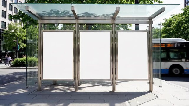 Urban Bus Stop with Blank Advertising Panels - An eye-level shot depicts a modern bus stop shelter with three blank white advertising panels in a city setting.