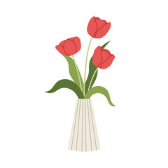 Obraz premium Red tulip flower arrangement in ceramic vase, spring floral home decor