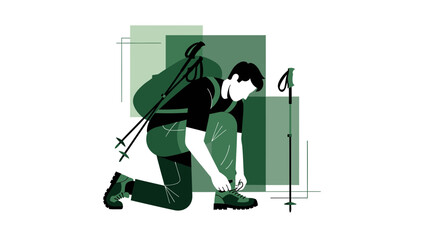 Adventurer Prepares For Trekking Tying Shoe Laces Outdoors On Knees Backpacking