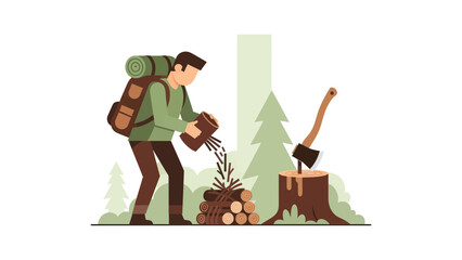 Fototapeta premium Adventurer Preparing Campfire In Wilderness Expedition With Axe And Logs