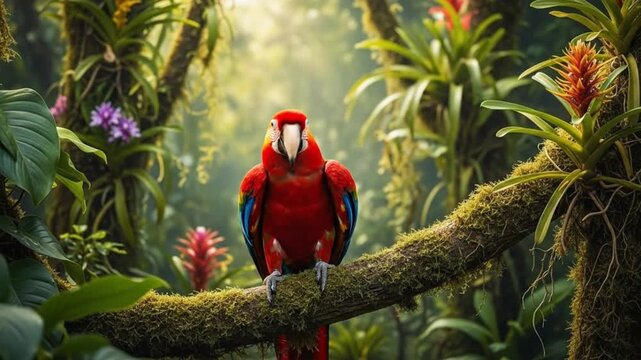 Scarlet Macaw Perched on Mossy Branch in Vibrant Rainforest