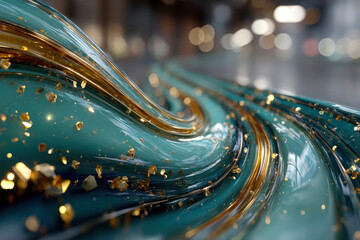 An abstract composition with dynamic glass waves in shades of turquoise and gold.  