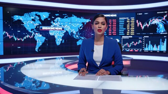 News Anchor in Studio - A female news anchor sits at a desk in a modern television studio. The backdrop features a world map with "Breaking News" displayed and financial market data.