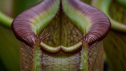 Stunning macro detail of a Nepenthes carnivorous pitcher plant with vibrant colors and intricate textures.