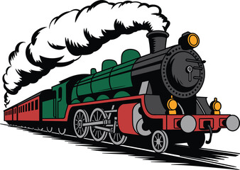 Vintage steam locomotive train with passenger cars and thick white smoke vector illustration for travel history © Majnur