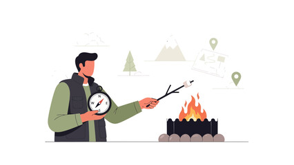 Obraz premium Adventurous Man Enjoying Camping Outdoors Roasting Marshmallow Using Compass