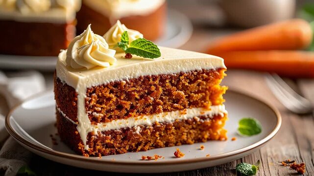 Closeup of carrot cake slice with creamy frosting on plate.