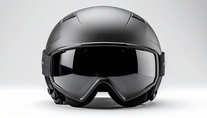 Black Ski Helmet and Goggles on White Background with Shadow