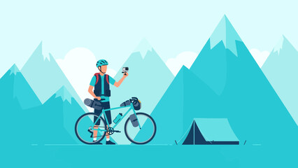 Adventurous Bikepacker Capturing Mountain Views During Camping Trip With Camera