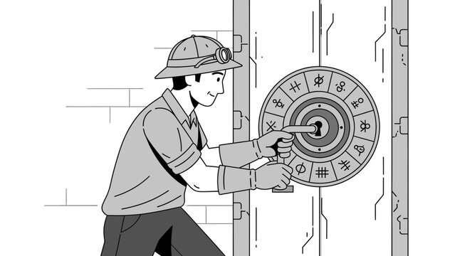 Adventuresome Character Cracking Code On Intricate Circular Vault Door Combination Lock