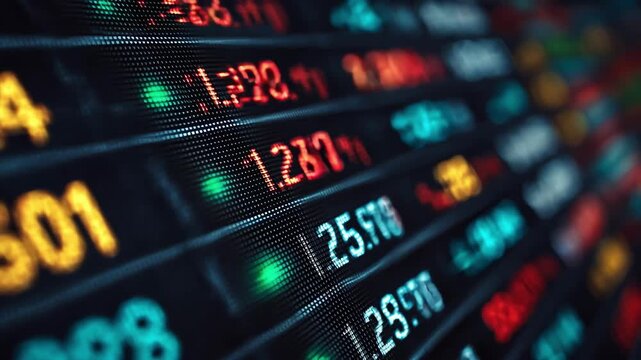 Medium shot of an electronic board showcasing colorful interest rate comparisons for various financial plans in a dynamic digital display