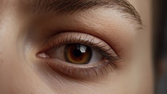 Blinking brown eye responding to window reflection in interior room, reopening and settling