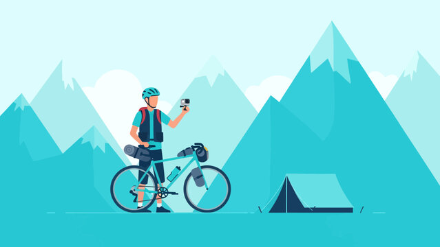 Adventurous Bikepacker Capturing Mountain Views During Camping Trip With Camera