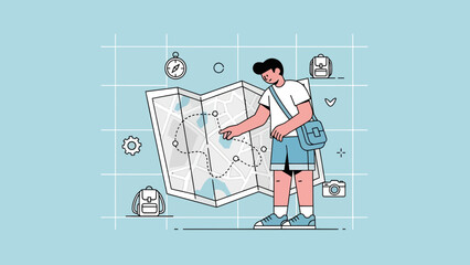 Adventurous Solo Explorer Planning Trip Destination on Travel Map