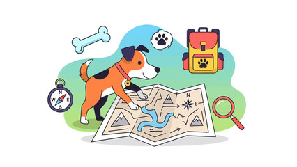 Naklejka premium Adventurous Canine Exploring Map For Treasure Cartoon Vector Illustration
