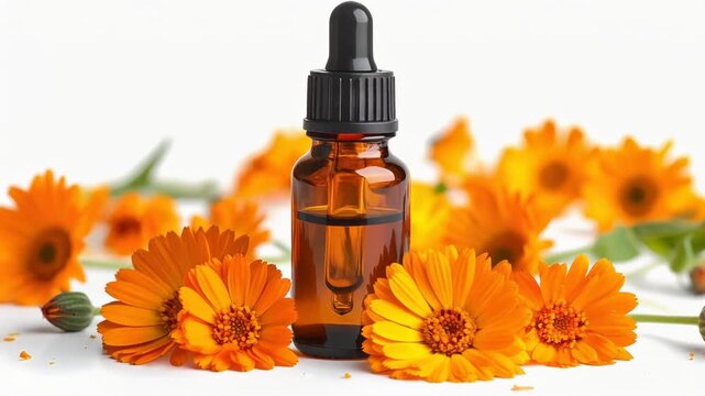 Closeup amber dropper bottle among calendula flowers on white background.