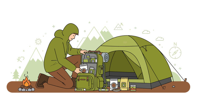 Adventurous Camping Trip Preparation With Backpack Tent Fire and Mountain View