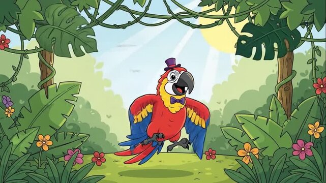 Flying Cartoon Macaw Parrot Character in Tropical Jungle