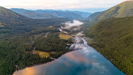 Fototapeta premium Multinskoye Lake in Altai at sunset, view from a drone