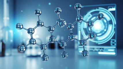 Futuristic 3D molecular structure representing science, medicine, and research innovation in a high-tech lab.