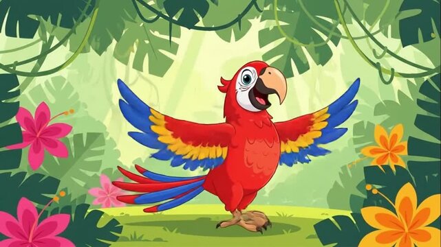 Cartoon Macaw Parrot Dancing in Tropical Jungle Vector Illustration