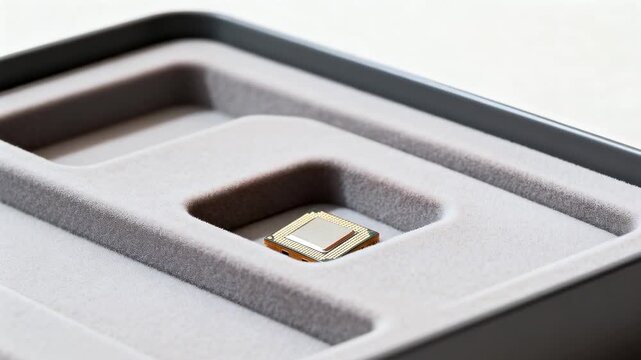 Holding chip, senior hand aligning it into foam cavity on table for packing, with metallic top
