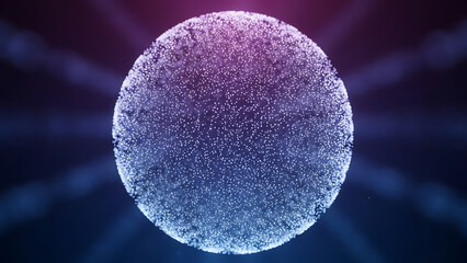 Abstract glowing particle sphere representing data, technology, AI, and digital networks in a futuristic design