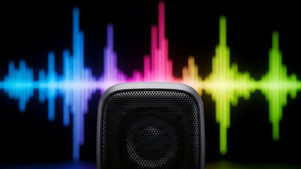 Modern Speaker with Vibrant Digital Sound Equalizer Waves Against a Dark, Abstract Background