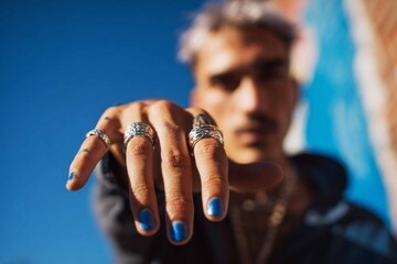 A man in a salon displays his hand with blue nail polish on one finger. He is engaged in a manicure session, showcasing his personal grooming choice