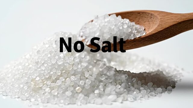 No Salt Concept video - The video shows a pile of white crystals meant to represent salt, with a wooden spoon resting atop the pile. The text "No Salt" is superimposed over the video.