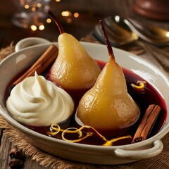 Elegant pear dessert in spiced red wine reduction, styled with whipped cream, citrus curls, and cozy tabletop textures.