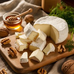Creamy cheese platter with sliced wheel, walnut halves, honey jar, and fresh dill on wooden surface.