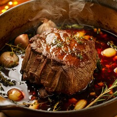 Tender beef dish with browned top and aromatic ingredients, styled in cast iron with warm lighting and rustic depth.