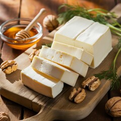 Creamy cheese slices with honey bowl and walnut pieces, arranged on cutting board with fresh dill and warm tones.