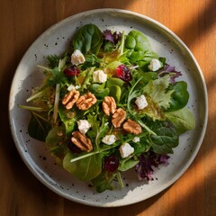 Vibrant spinach salad with crunchy walnuts, sweet dried cranberries, and creamy white cheese, plated simply on rustic wood for a wholesome look.