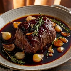 Hot beef roast in cast iron pot with garlic, rosemary, thyme, and caramelized onions, steaming in rich dark broth with golden crust.