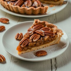 Golden pecan slice with syrupy topping and crisp crust, styled with loose nuts and matching ceramic dish in cozy tabletop scene.