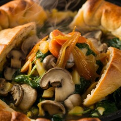 Plant-based Wellington pastry filled with mushrooms, carrots, and greens, plated with fork and knife on ceramic dish.