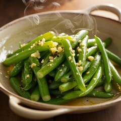 Steaming bowl of saut&eacute;ed green beans with chopped garlic and glossy finish, served hot in a ceramic dish with handles on a neutral surface.