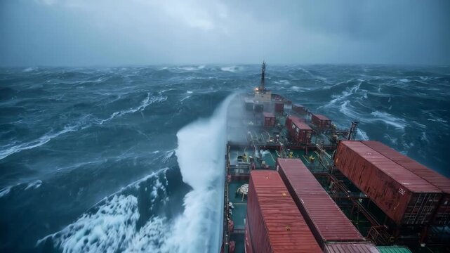 Vivid clouds and rough waves frame a medium shot of a tugboat stabilizing a container ship under heavy weather illustrating resilience and maritime safety.