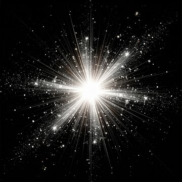 White Sparkling Light Burst on Black Background for Cosmic Energy Theme