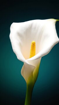 A pristine white calla lily with a vibrant yellow spadix stands elegantly against a deep teal background.