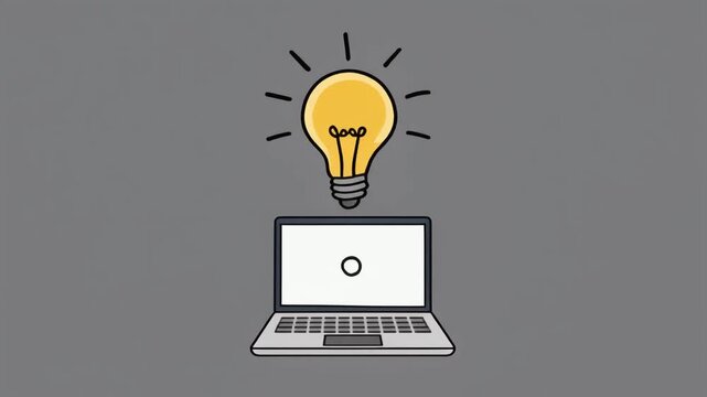 Animated lightbulb inspiration above laptop computer on gray.