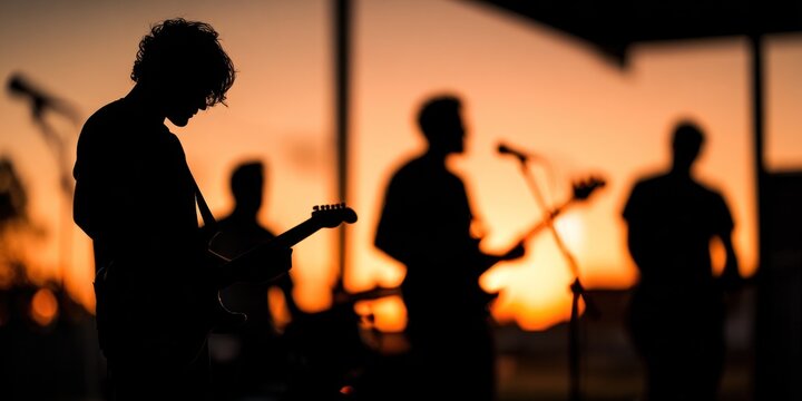 Silhouette of a band performing on stage at sunset.