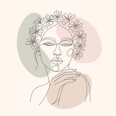 Fashionable One Line Female Face with Botanical Flowers &ndash; Boho Chic Line Art Vector