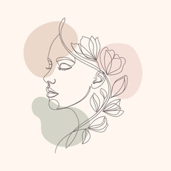 Minimal Beauty Woman Portrait Line Art with Floral Decoration &ndash; Elegant Cosmetic Vector