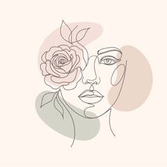 Boho Feminine Line Art Portrait with Flowers &ndash; Abstract Minimal Floral Woman Illustration