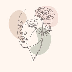 Elegant One Line Woman Face with Floral Botanical Elements &ndash; Minimalist Beauty Line Art Vector