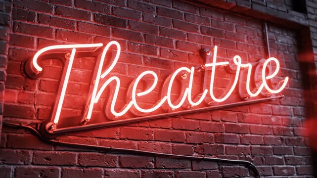 Theatre Neon Sign on Brick Wall - A bright neon sign that reads "Theatre" is mounted on a textured dark red brick wall. The neon tubing glows with a warm, inviting light, creating a vintage ambiance.