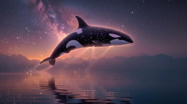 Killer whale emerging from the ocean beneath a starry night sky. Generative AI video combining wildlife power, freedom, mystery, and surreal nature-inspired imagination.